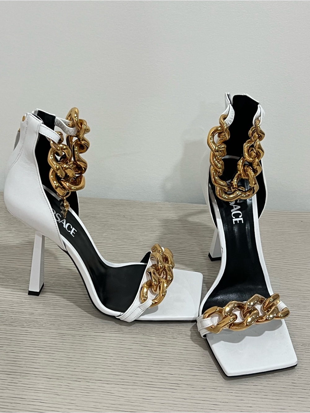Versace White Leather Stiletto Sandals with Gold Chain Trim